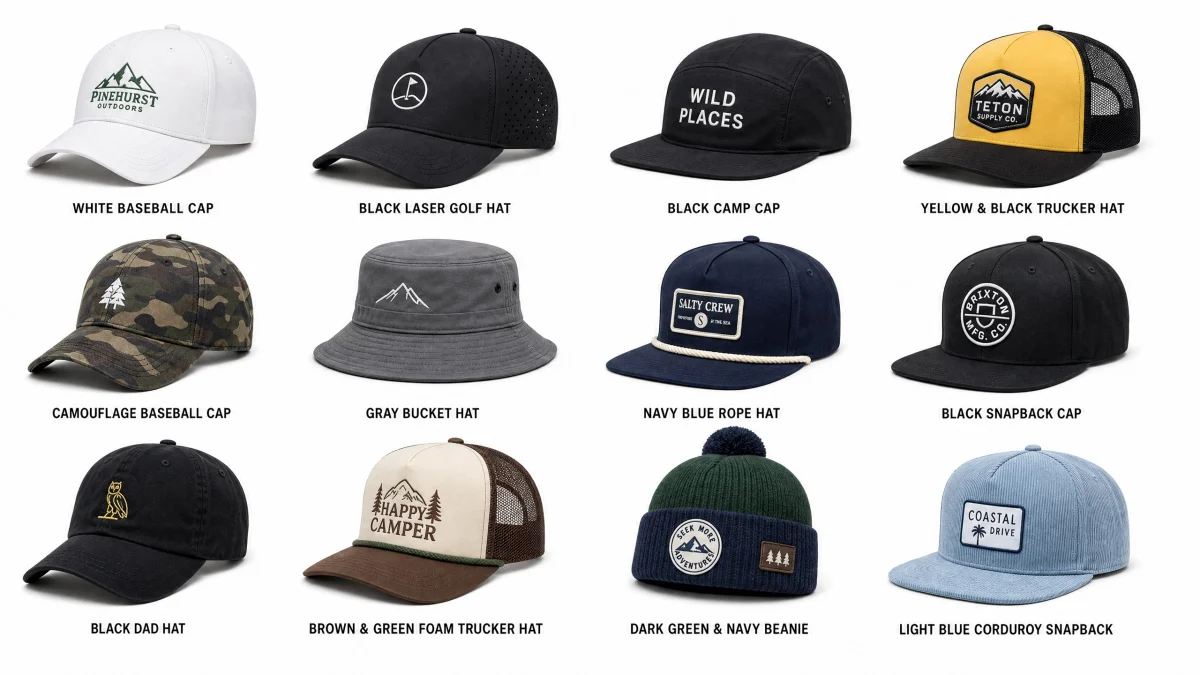 Wholesale custom team hats and bulk branded caps catalog, including custom embroidered baseball caps, trucker hats, bucket hats, snapbacks, camp caps, and winter beanies by Team Gear Custom.