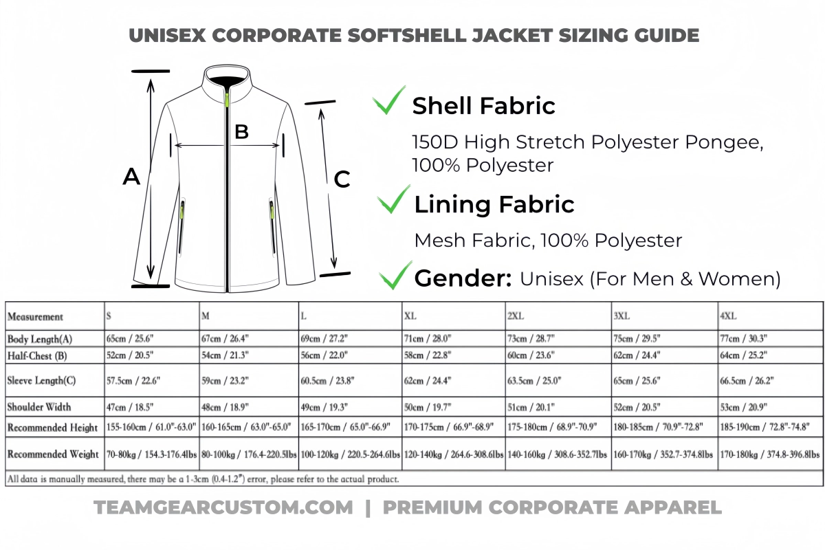 Custom Waterproof Uniform Jackets Size Chart Sleeve length dimension tables and chest width fit guides for custom waterproof uniform jackets alignment