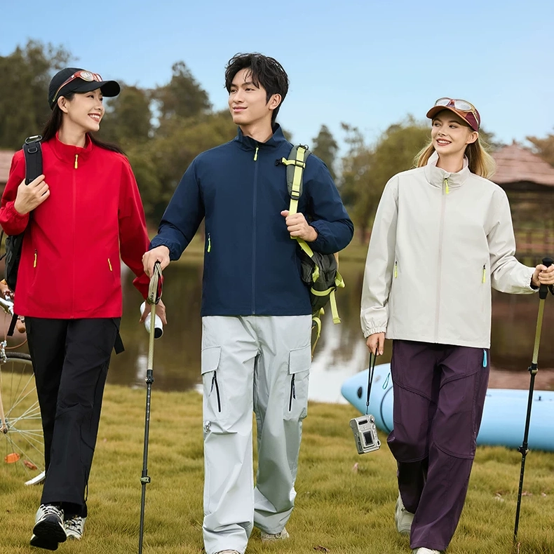 Corporate Softshell Jackets Wholesale Outdoor Lifestyle Corporate softshell jackets wholesale displayed on multiple models walking outdoors in a custom waterproof uniform jackets group lifestyle show