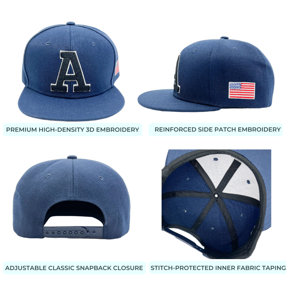 Wholesale Flat Bill Hats Technical Detail High-profile 6-panel crown and classic green under-visor details for wholesale flat bill hats