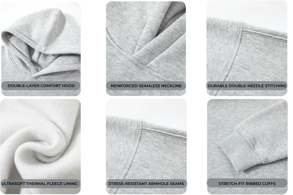 Wholesale Premium Thick Sweatshirts Stitch Details Double lined thick hood strings and metal eyelet pocket details for wholesale premium thick sweatshirts