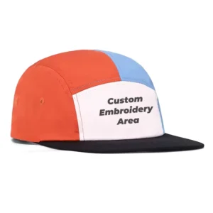 Custom 5-panel camp caps wholesale with flat bill logo placeholders for outdoor branding