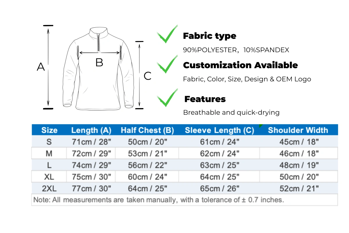 Custom quarter-zip tech pullovers wholesale with chest embroidered brand logo placeholders Sleeve length dimension tables and chest width fit guide for wholesale corporate tech fleece jackets alignment