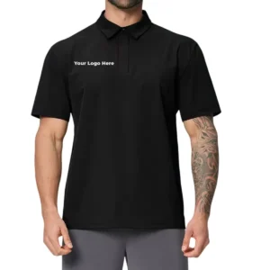 Sustainable custom polos wholesale with certified recycled fabric tags and company logo placeholders