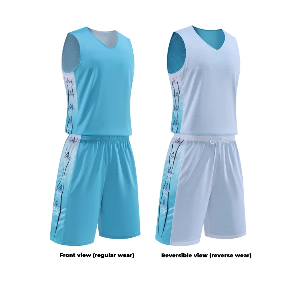 Reversible Basketball Jerseys Wholesale Dual View Reversible basketball jerseys wholesale displaying regular front view and reverse wear option side by side