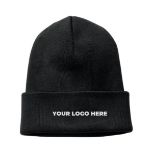 Custom embroidered heavy knit beanies bulk with cuffed logo placeholders for winter branding