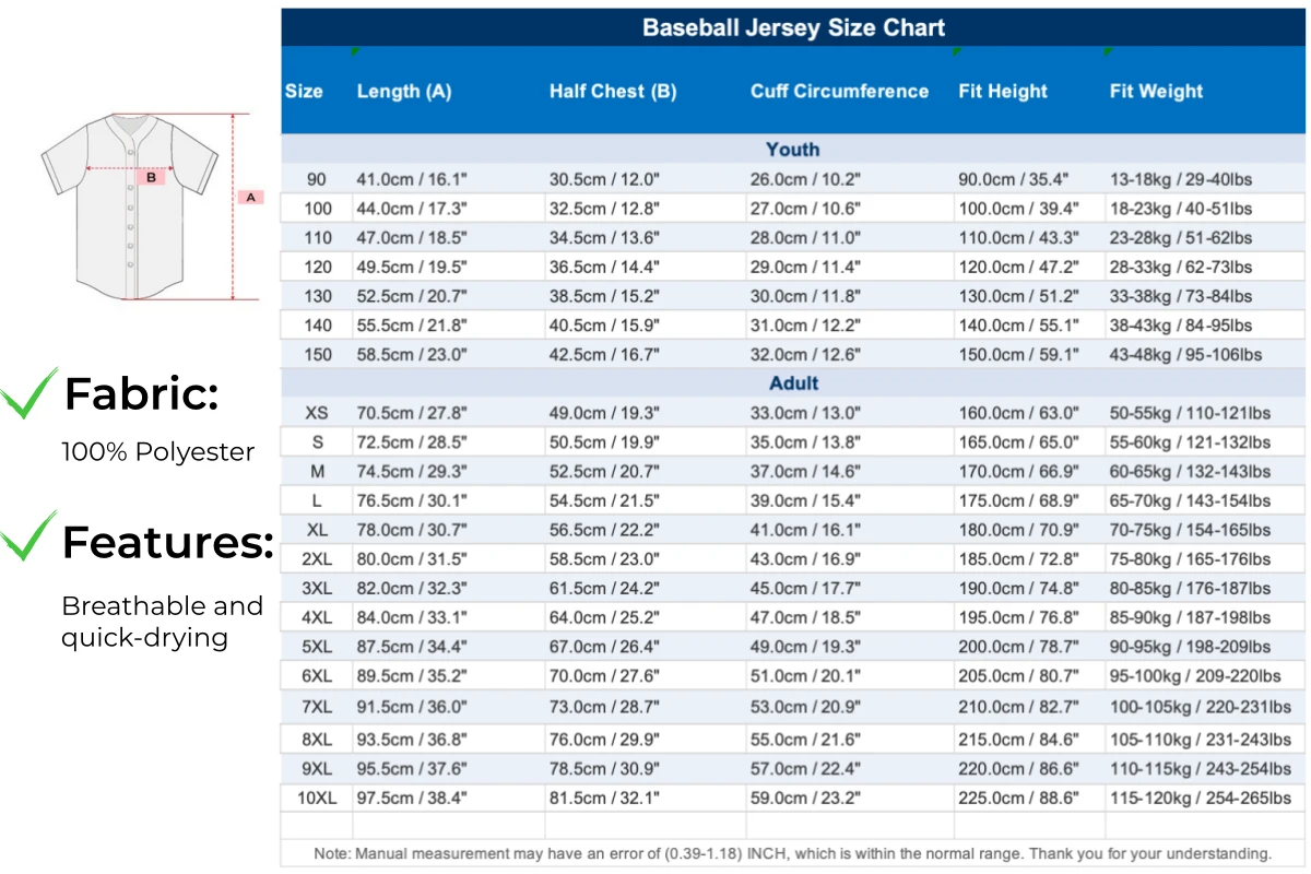 Bulk Sublimated Baseball Shirts Size Chart Chest width dimensions and curved drop tail length fit guide for bulk sublimated baseball shirts alignment