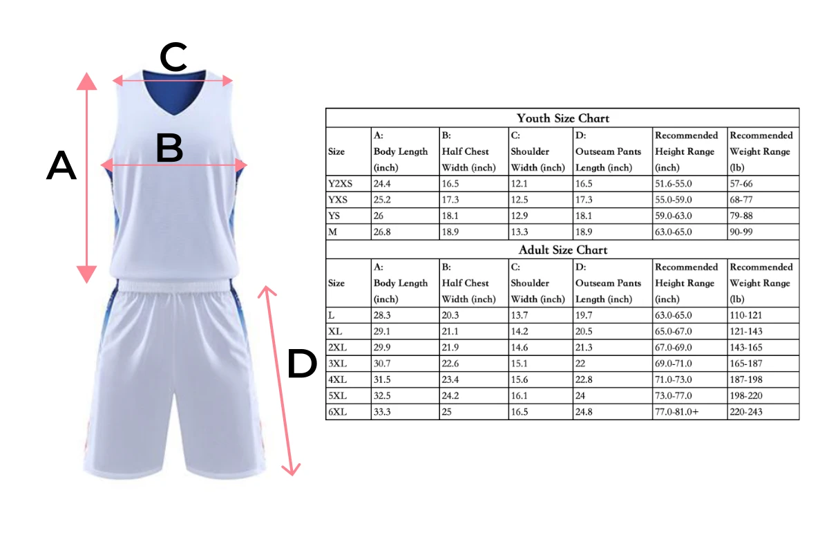 Wholesale Basketball Team Uniforms Size Chart Available vibrant team colors and side panel sublimation pattern charts for bulk custom basketball jerseys